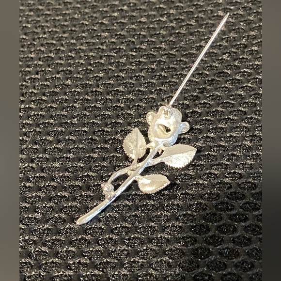 Rose Stem Brooch Silver Tone Pin Textured Mesh Bud Petals Unisex - Picture 7 of 11